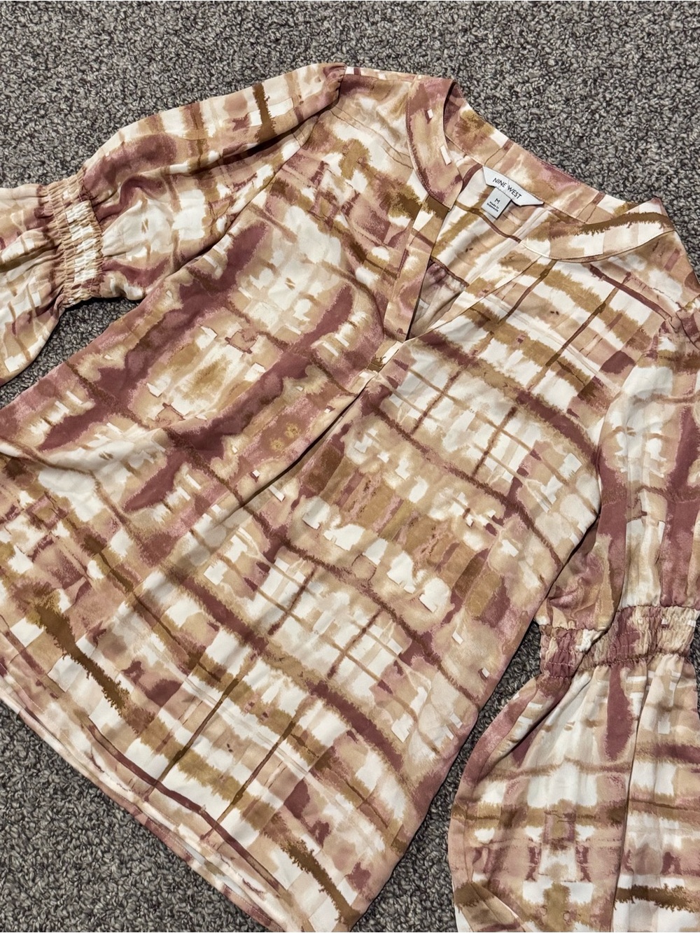 Nine West Cream and Brown Watercolor Grid Blouse - Picture 3 of 7